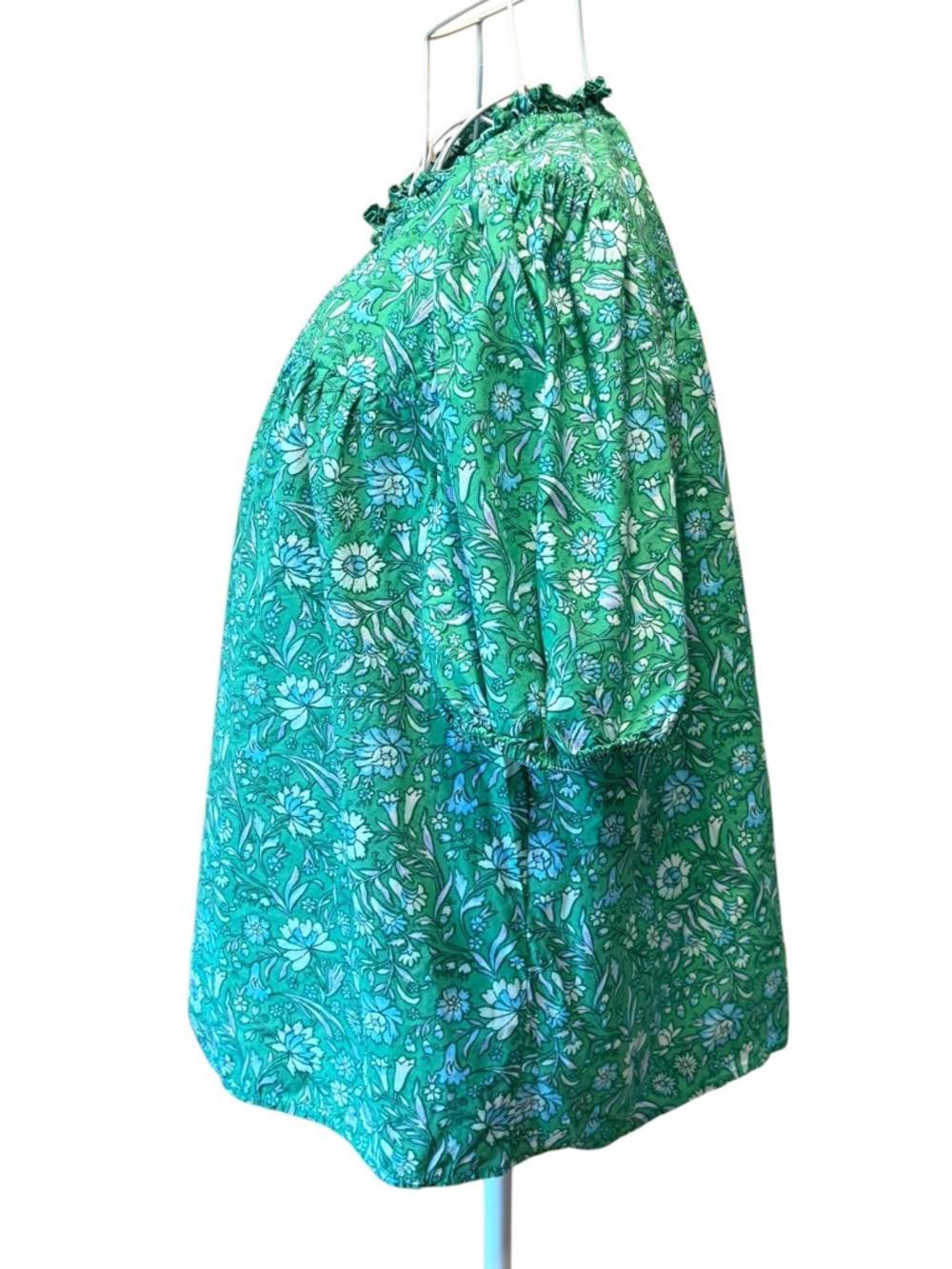 J.Crew Green Floral Cotton Puff Sleeve Ruffle Neck Blouse Top Size M - Picture 2 of 7